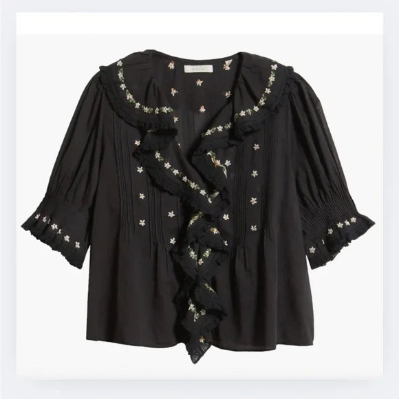 DÔEN Hettie Embroidered Ruffle Organic Cotton Top | Size L - Picture 1 of 8